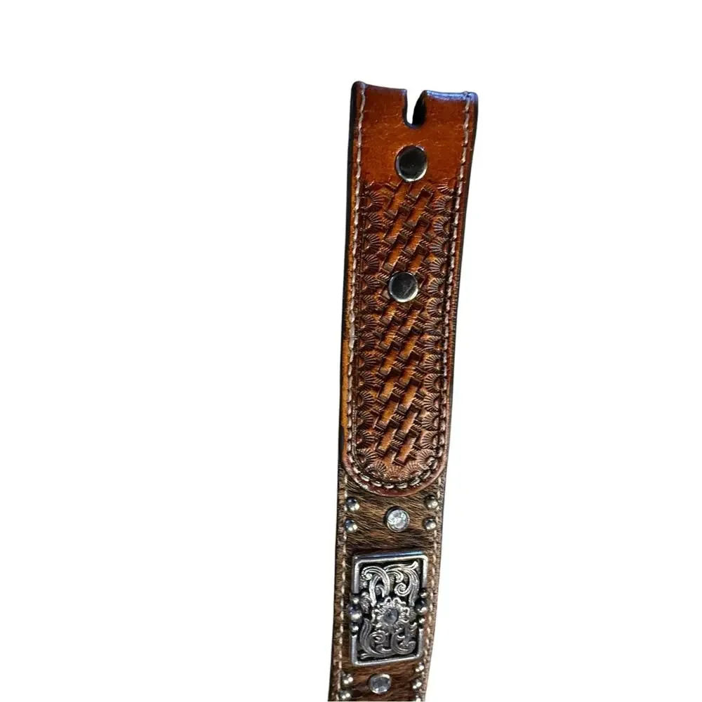 Studded Brown Hair-on Leather Belt with Crystal Accents Size 28 (no buckle)
